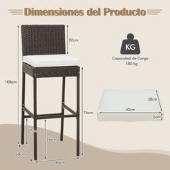 Juego de 2 Taburetes de Mimbre para Patio Silla Alta de Bar con Cojín Respaldo Reposapiés Marco de Metal Hasta 180 kg 50 x 40 x 108 cm