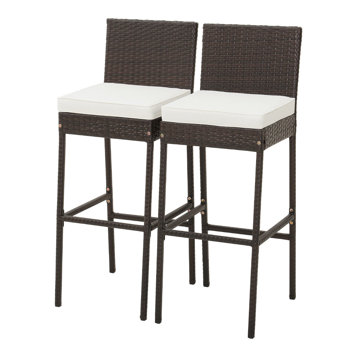 Juego de 2 Taburetes de Mimbre para Patio Silla Alta de Bar con Cojín Respaldo Reposapiés Marco de Metal Hasta 180 kg 50 x 40 x 108 cm