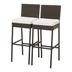 Juego de 2 Taburetes de Mimbre para Patio Silla Alta de Bar con Cojín Respaldo Reposapiés Marco de Metal Hasta 180 kg 50 x 40 x 108 cm
