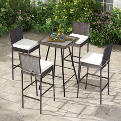 Juego de 4 Taburetes de Mimbre para Patio Silla Alta de Bar con Cojín Respaldo Reposapiés Marco de Metal Hasta 180 kg 50 x 40 x 108 cm
