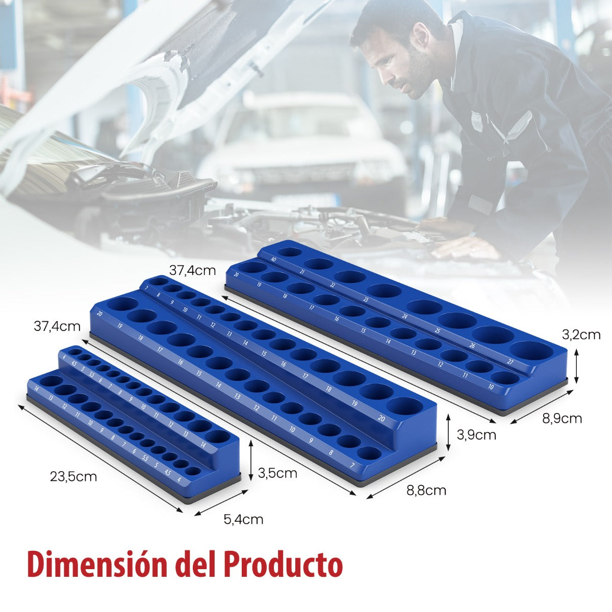 Juego de 6 Organizadores Magnéticos para Soporte Sockets Métricos y Imperiales con Encajes de 1/2 3/8 y 1/4 de Pulgada Azul y Rojo