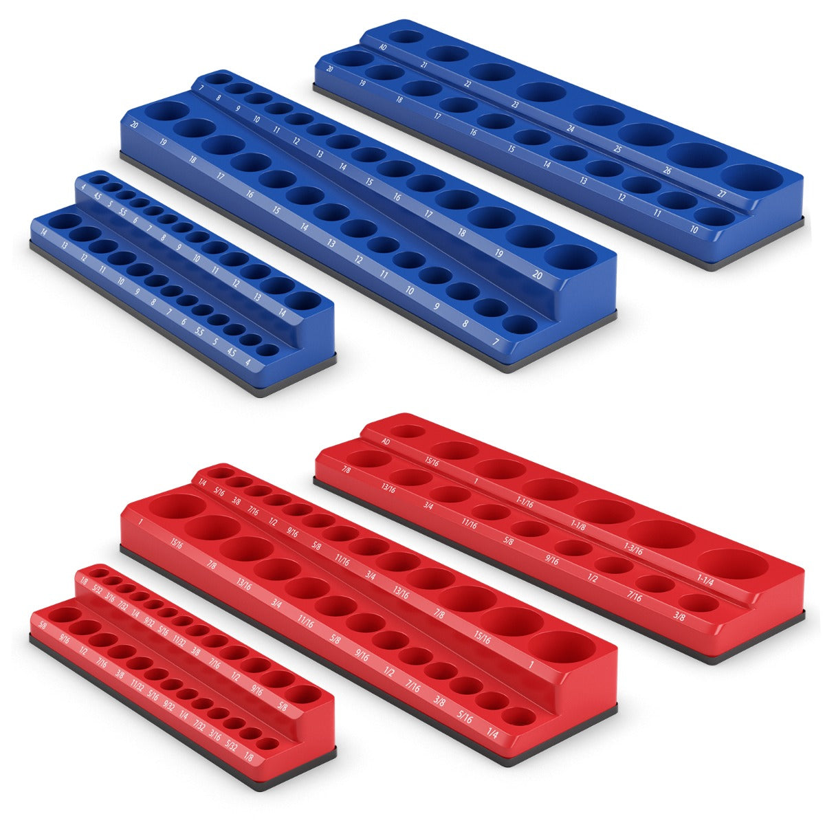 Juego de 6 Organizadores Magnéticos para Soporte Sockets Métricos y Imperiales con Encajes de 1/2 3/8 y 1/4 de Pulgada Azul y Rojo