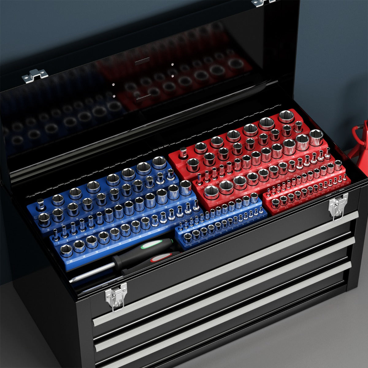 Juego de 6 Organizadores Magnéticos para Soporte Sockets Métricos y Imperiales con Encajes de 1/2 3/8 y 1/4 de Pulgada Azul y Rojo