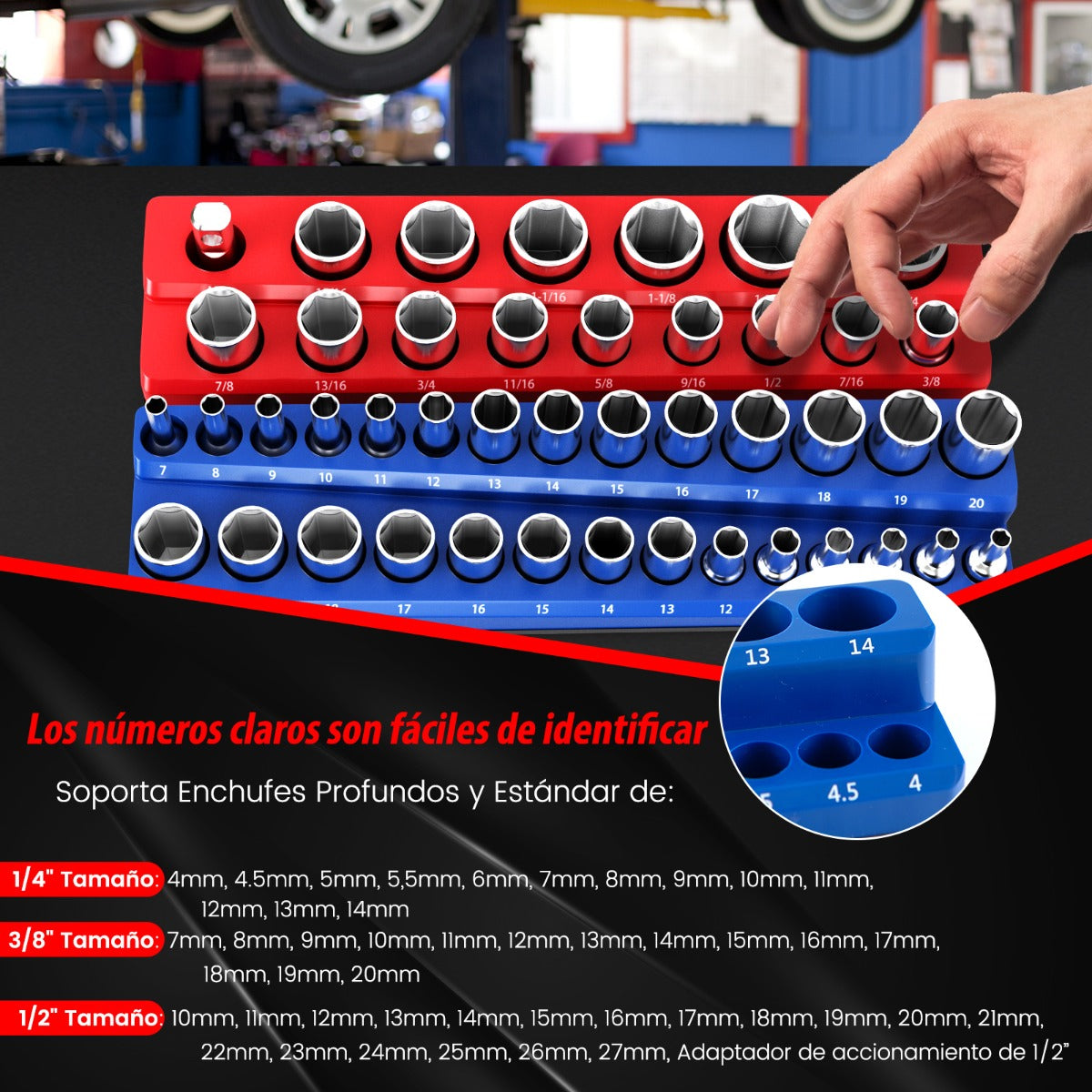 Juego de 6 Organizadores Magnéticos para Soporte Sockets Métricos y Imperiales con Encajes de 1/2 3/8 y 1/4 de Pulgada Azul y Rojo
