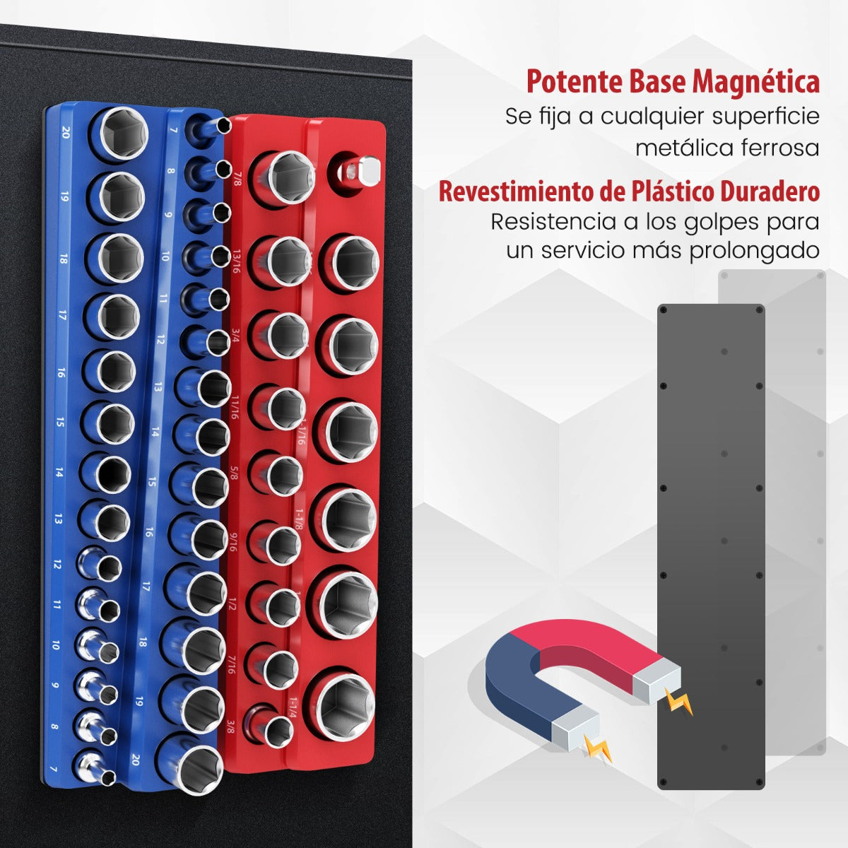 Juego de 6 Organizadores Magnéticos para Soporte Sockets Métricos y Imperiales con Encajes de 1/2 3/8 y 1/4 de Pulgada Azul y Rojo
