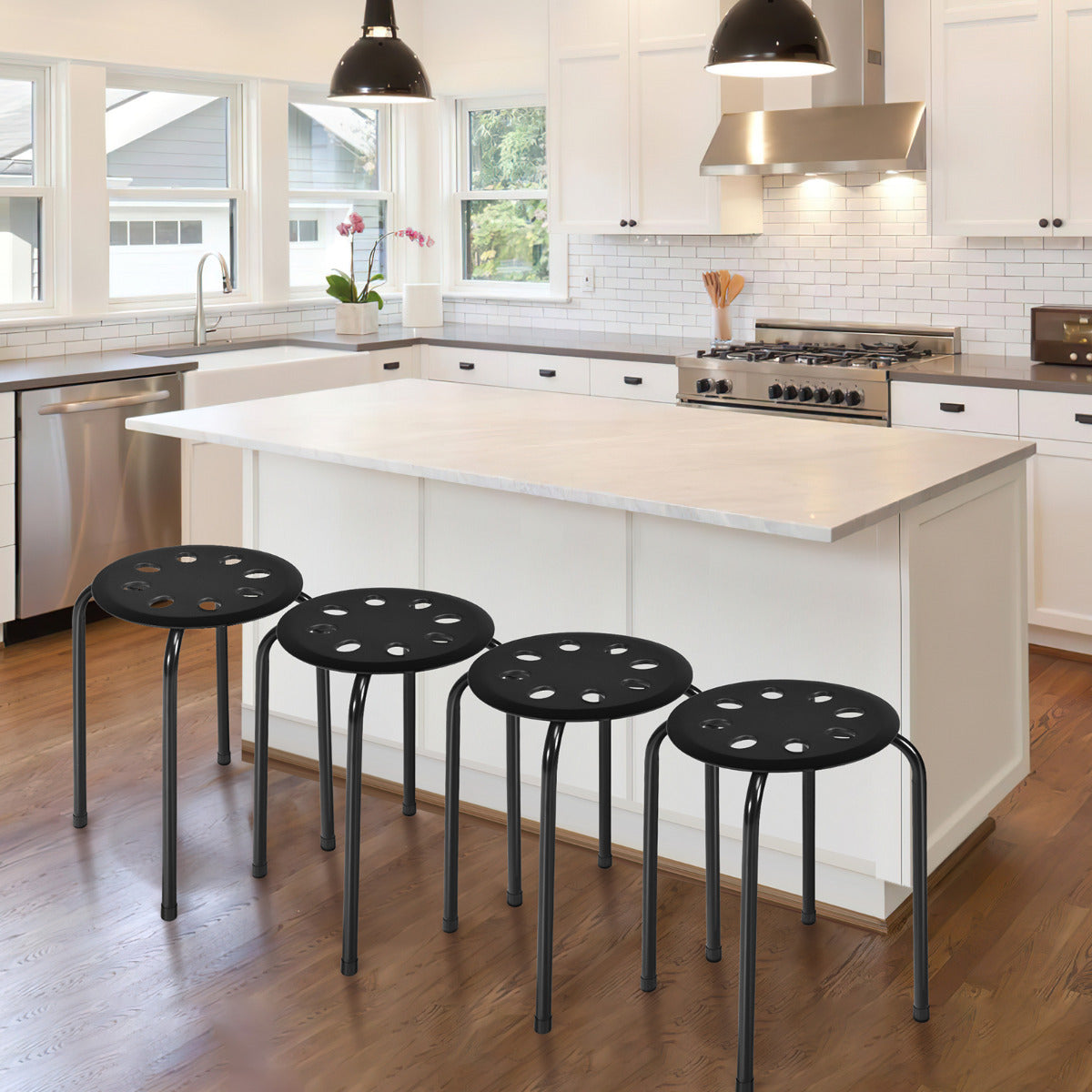 Juego de 6 Taburetes Apilables de Metal Asiento Redondo Perforado Marco Metal Asiento Silla Apilable para Hogar Oficina Negro