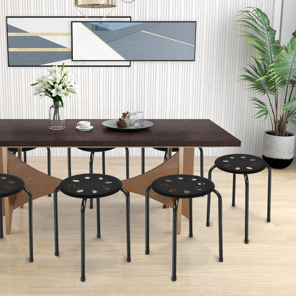 Juego de 6 Taburetes Apilables de Metal Asiento Redondo Perforado Marco Metal Asiento Silla Apilable para Hogar Oficina Negro