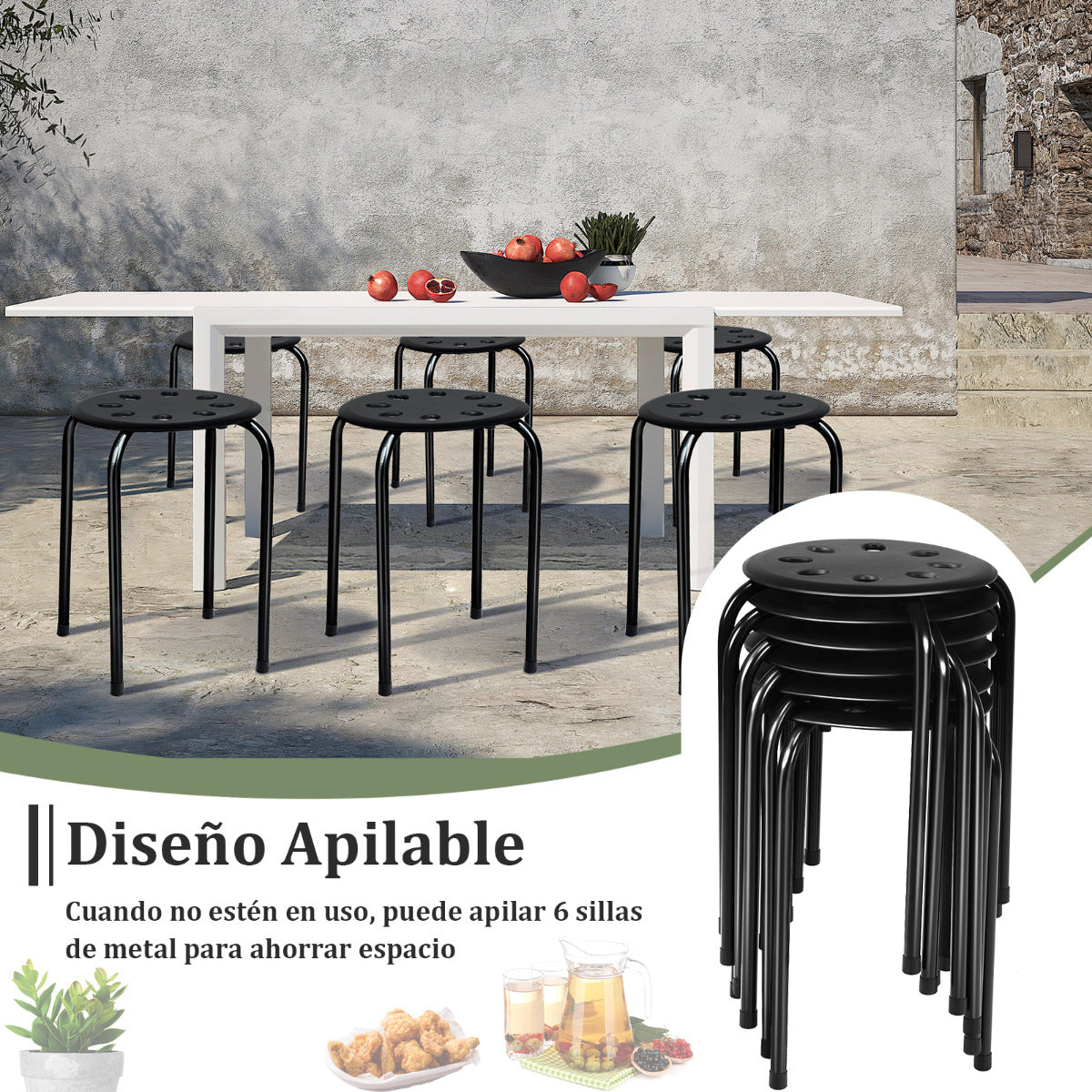 Juego de 6 Taburetes Apilables de Metal Asiento Redondo Perforado Marco Metal Asiento Silla Apilable para Hogar Oficina Negro