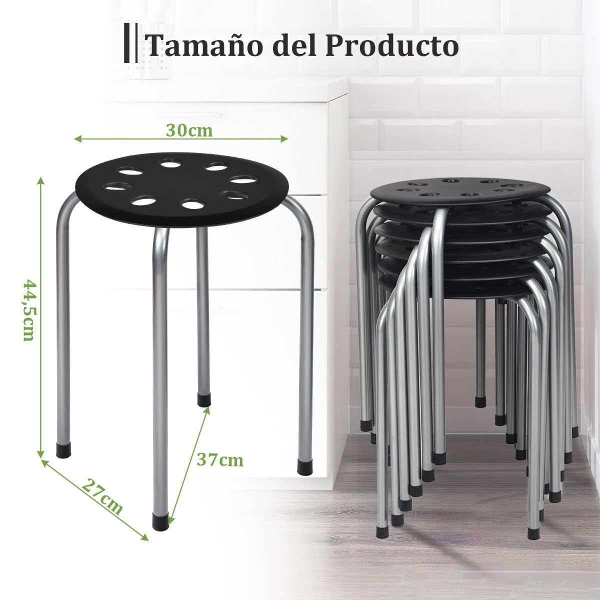 Juego de 6 Taburetes Apilables de Metal Asiento Redondo Perforado Marco Metal Asiento Silla Apilable para Hogar Oficina Negro