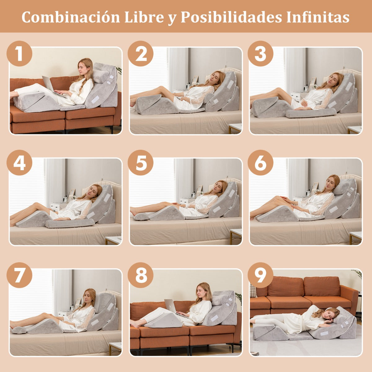 Juego de Almohadas de Espuma de Memoria con Reposacabezas Extraíble Soporte de Espalda Cómoda Gris
