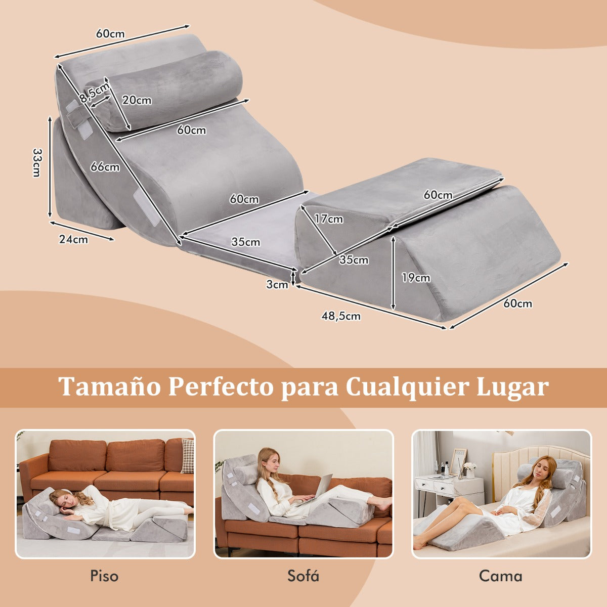 Juego de Almohadas de Espuma de Memoria con Reposacabezas Extraíble Soporte de Espalda Cómoda Gris