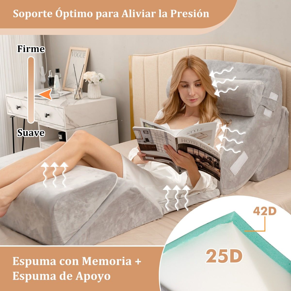Juego de Almohadas de Espuma de Memoria con Reposacabezas Extraíble Soporte de Espalda Cómoda Gris