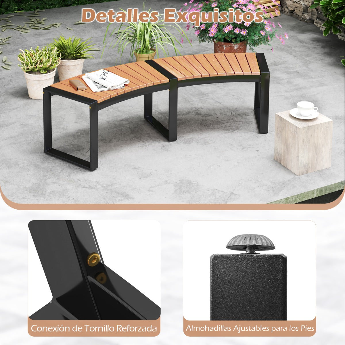 Juego de Bancos Curvado con Asiento de Listones y Patas Metálicas Carga 360 kg para Patio-Juego de 2