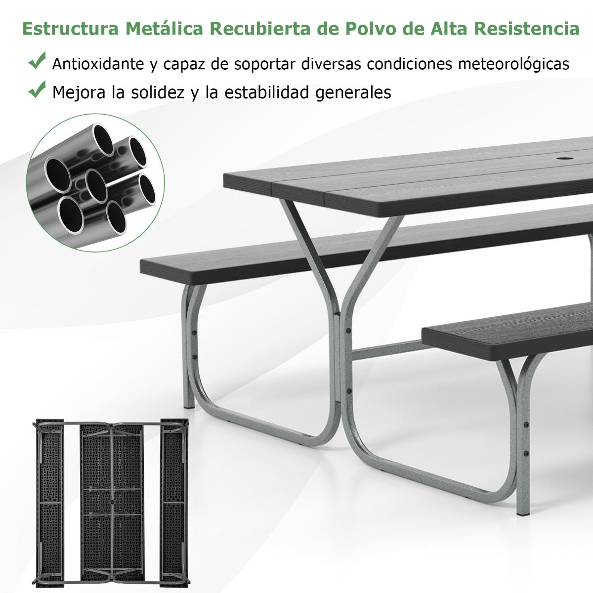 Juego de 2 Bancos de Mesa para 8 Personas con Marco de Metal Mesa de HDPE para Todo Clima Orificio para Sombrilla para Jardín Negro