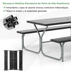 Juego de 2 Bancos de Mesa para 8 Personas con Marco de Metal Mesa de HDPE para Todo Clima Orificio para Sombrilla para Jardín Negro