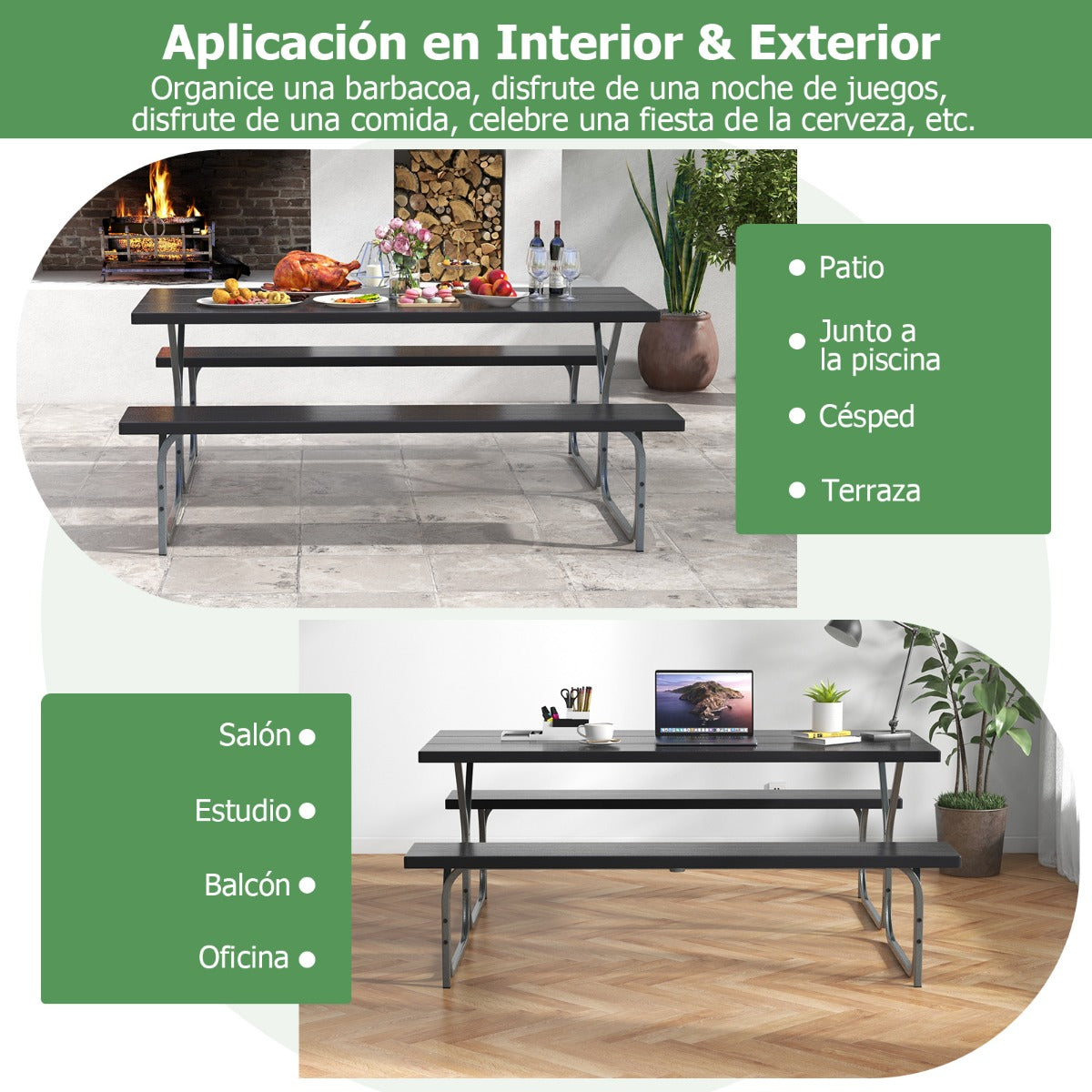 Juego de 2 Bancos de Mesa para 8 Personas con Marco de Metal Mesa de HDPE para Todo Clima Orificio para Sombrilla para Jardín Negro