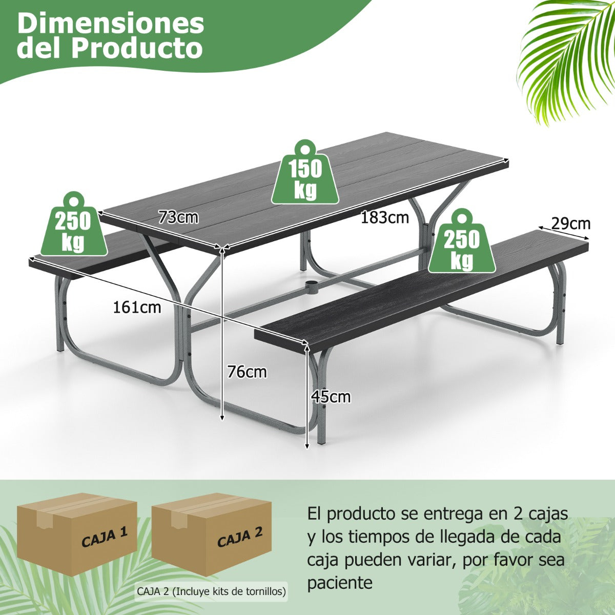 Juego de 2 Bancos de Mesa para 8 Personas con Marco de Metal Mesa de HDPE para Todo Clima Orificio para Sombrilla para Jardín Negro