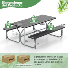 Juego de 2 Bancos de Mesa para 8 Personas con Marco de Metal Mesa de HDPE para Todo Clima Orificio para Sombrilla para Jardín Negro