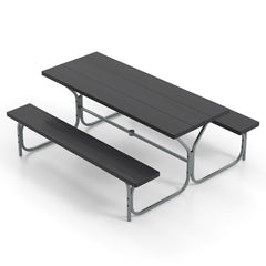 Juego de 2 Bancos de Mesa para 8 Personas con Marco de Metal Mesa de HDPE para Todo Clima Orificio para Sombrilla para Jardín Negro