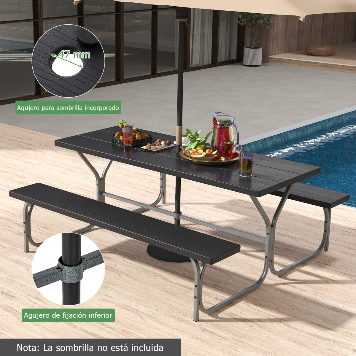 Juego de 2 Bancos de Mesa para 8 Personas con Marco de Metal Mesa de HDPE para Todo Clima Orificio para Sombrilla para Jardín Negro