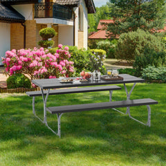 Juego de 2 Bancos de Mesa para 8 Personas con Marco de Metal Mesa de HDPE para Todo Clima Orificio para Sombrilla para Jardín Negro