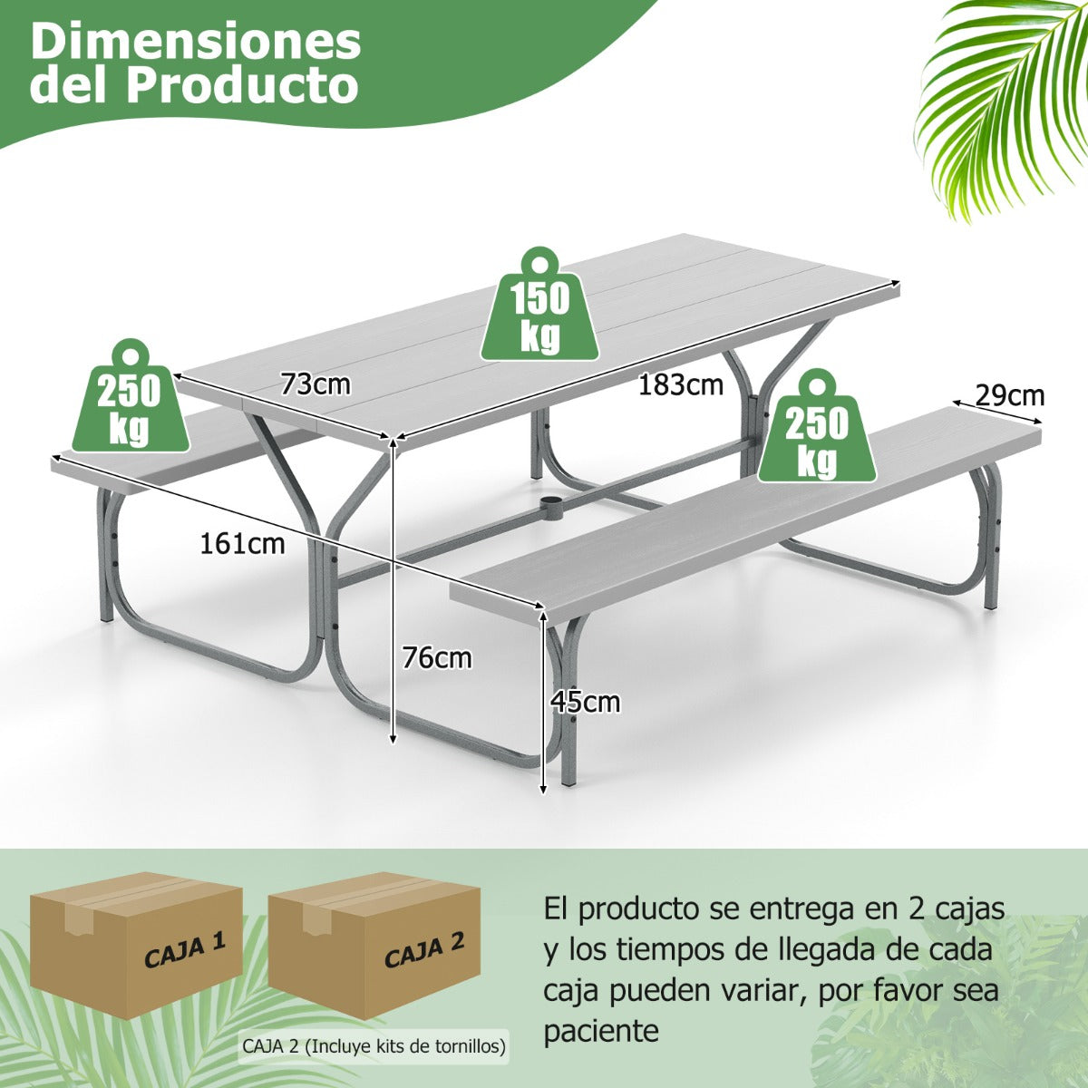 Juego de 2 Bancos de Mesa para 8 Personas con Marco de Metal Mesa de HDPE para Todo Clima Orificio para Sombrilla para Jardín Gris