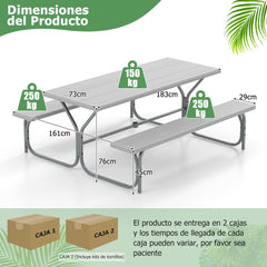 Juego de 2 Bancos de Mesa para 8 Personas con Marco de Metal Mesa de HDPE para Todo Clima Orificio para Sombrilla para Jardín Gris