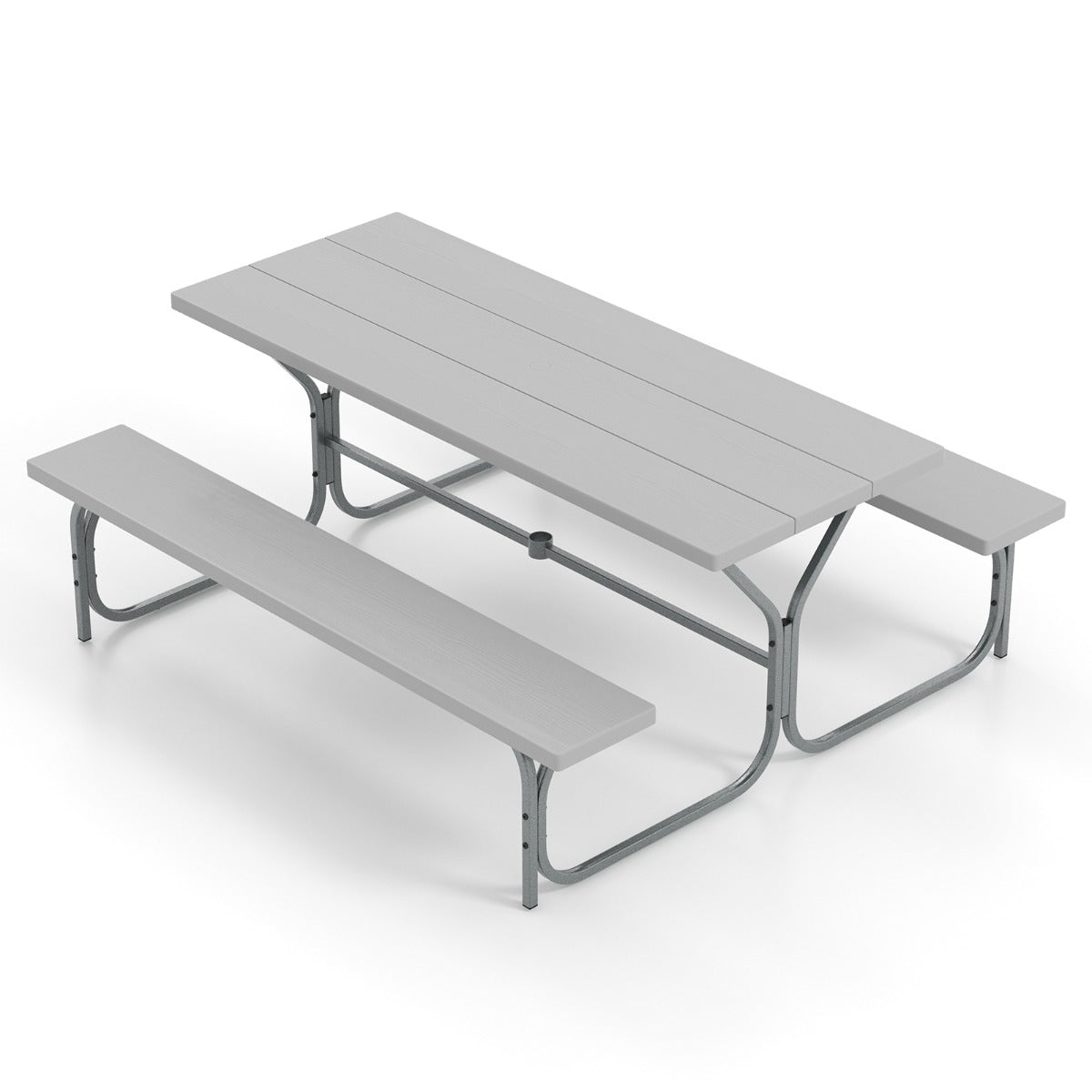 Juego de 2 Bancos de Mesa para 8 Personas con Marco de Metal Mesa de HDPE para Todo Clima Orificio para Sombrilla para Jardín Gris