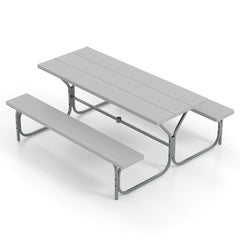 Juego de 2 Bancos de Mesa para 8 Personas con Marco de Metal Mesa de HDPE para Todo Clima Orificio para Sombrilla para Jardín Gris