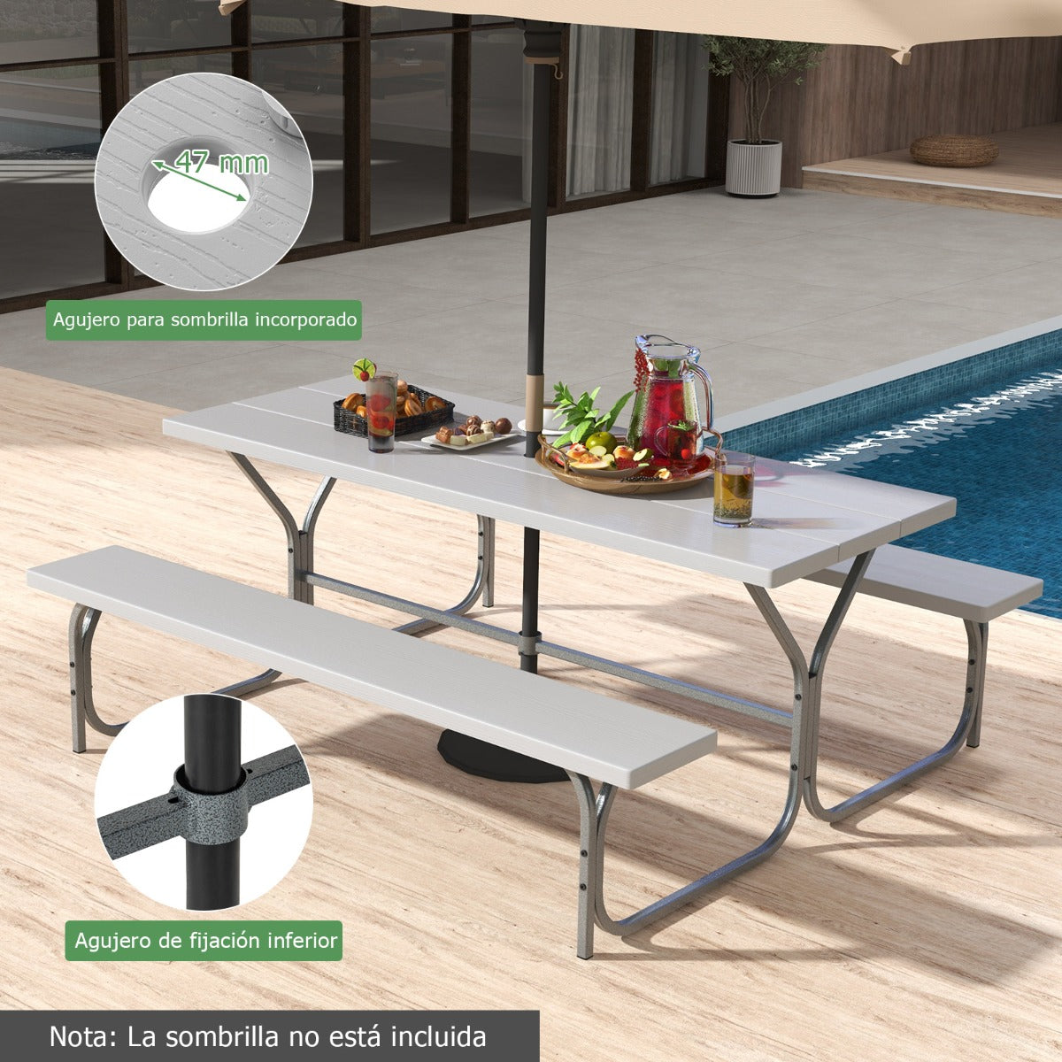 Juego de 2 Bancos de Mesa para 8 Personas con Marco de Metal Mesa de HDPE para Todo Clima Orificio para Sombrilla para Jardín Gris