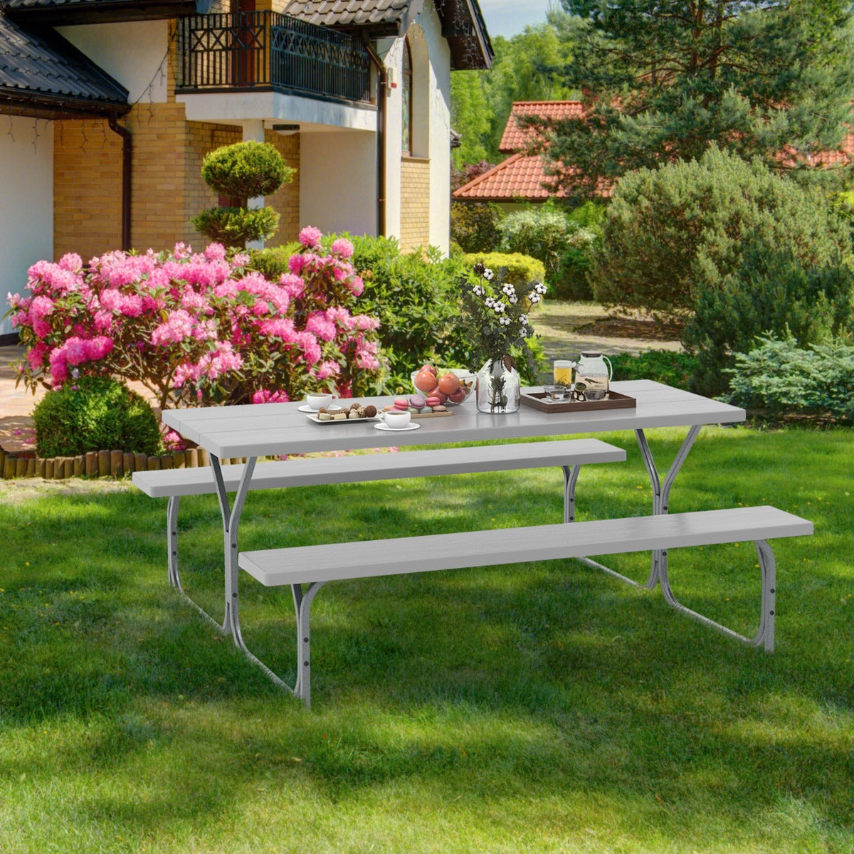 Juego de 2 Bancos de Mesa para 8 Personas con Marco de Metal Mesa de HDPE para Todo Clima Orificio para Sombrilla para Jardín Gris