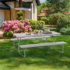 Juego de 2 Bancos de Mesa para 8 Personas con Marco de Metal Mesa de HDPE para Todo Clima Orificio para Sombrilla para Jardín Gris