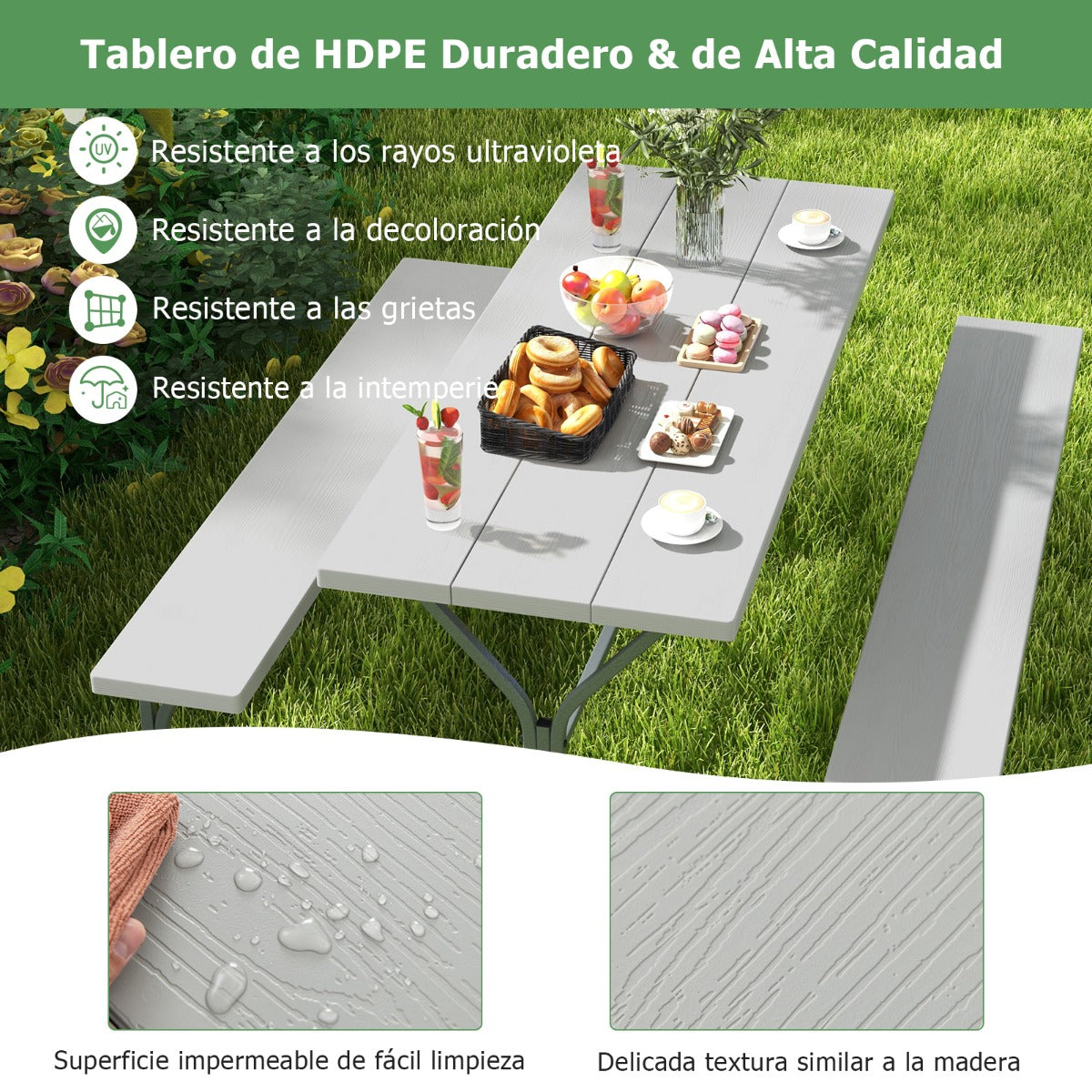 Juego de 2 Bancos de Mesa para 8 Personas con Marco de Metal Mesa de HDPE para Todo Clima Orificio para Sombrilla para Jardín Gris