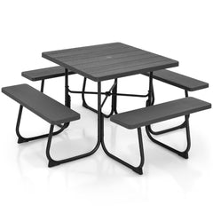 Juego de Muebles para 8 Personas Circular con 4 Bancos Mesa con Orificio para Sombrilla Carga 225 kg para Jardín Patio Césped Negro