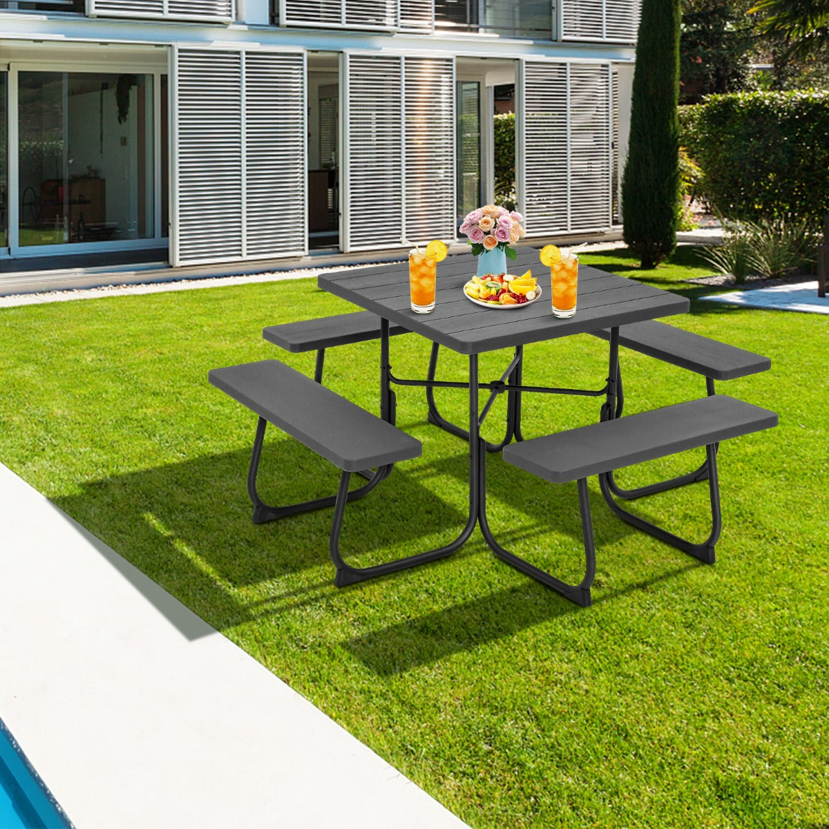 Juego de Muebles para 8 Personas Circular con 4 Bancos Mesa con Orificio para Sombrilla Carga 225 kg para Jardín Patio Césped Negro