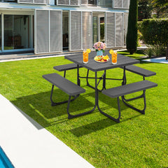 Juego de Muebles para 8 Personas Circular con 4 Bancos Mesa con Orificio para Sombrilla Carga 225 kg para Jardín Patio Césped Negro