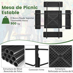 Juego de Muebles para 8 Personas Circular con 4 Bancos Mesa con Orificio para Sombrilla Carga 225 kg para Jardín Patio Césped Negro