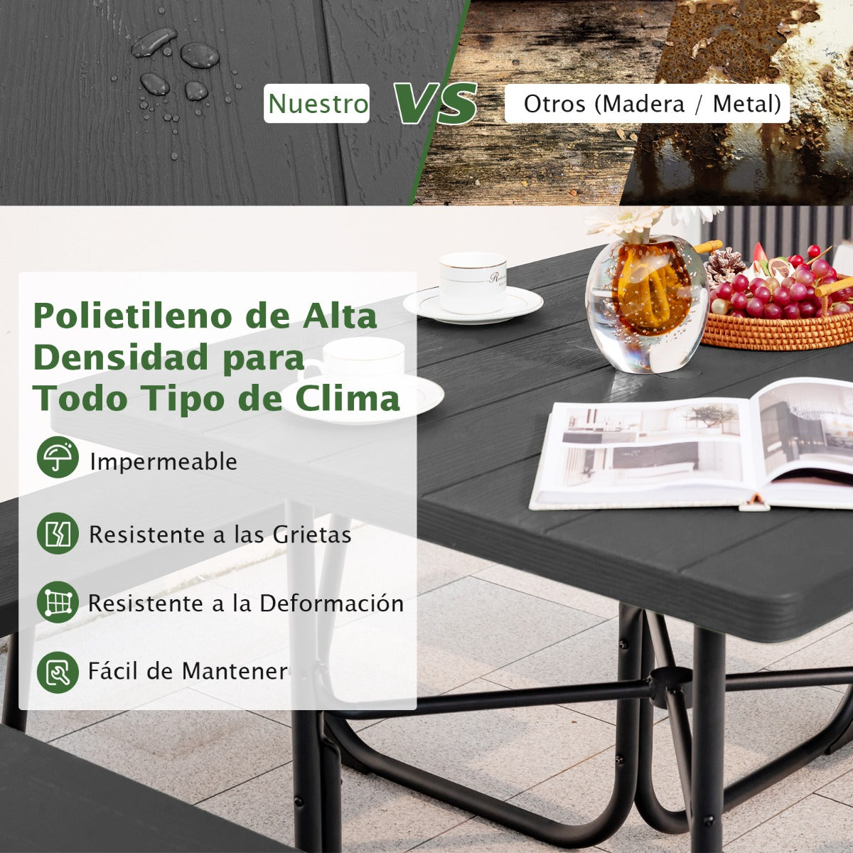Juego de Muebles para 8 Personas Circular con 4 Bancos Mesa con Orificio para Sombrilla Carga 225 kg para Jardín Patio Césped Negro