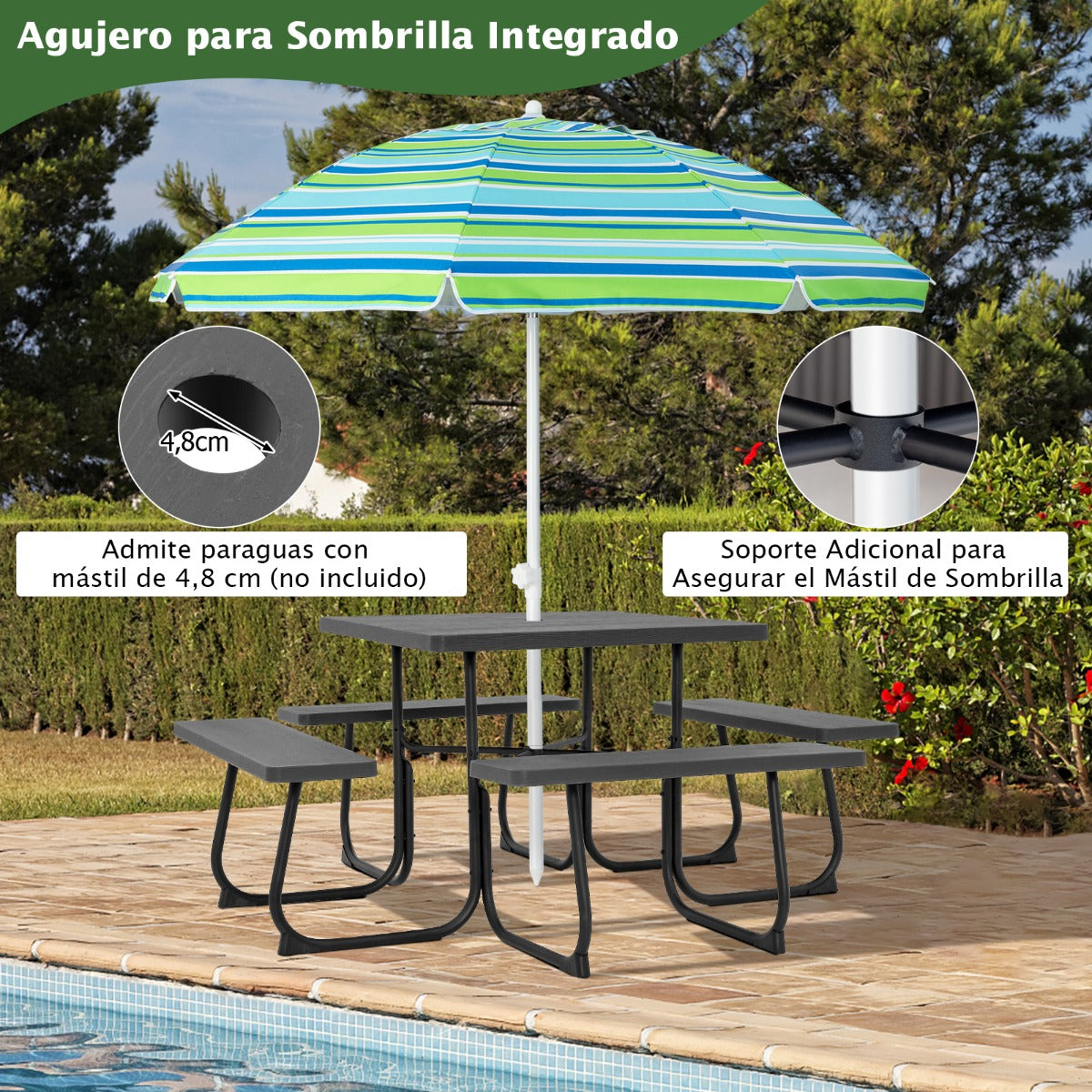 Juego de Muebles para 8 Personas Circular con 4 Bancos Mesa con Orificio para Sombrilla Carga 225 kg para Jardín Patio Césped Negro