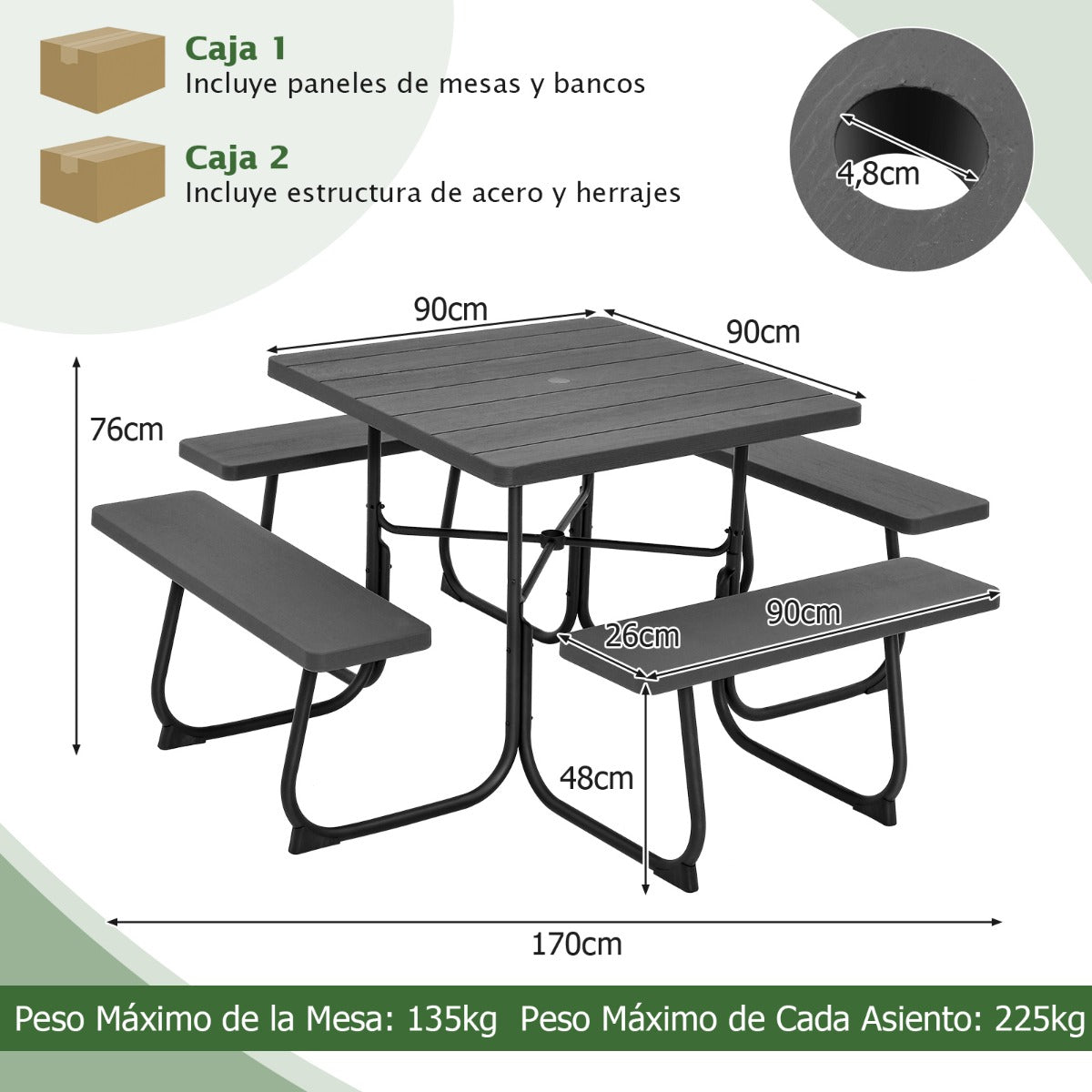 Juego de Muebles para 8 Personas Circular con 4 Bancos Mesa con Orificio para Sombrilla Carga 225 kg para Jardín Patio Césped Negro