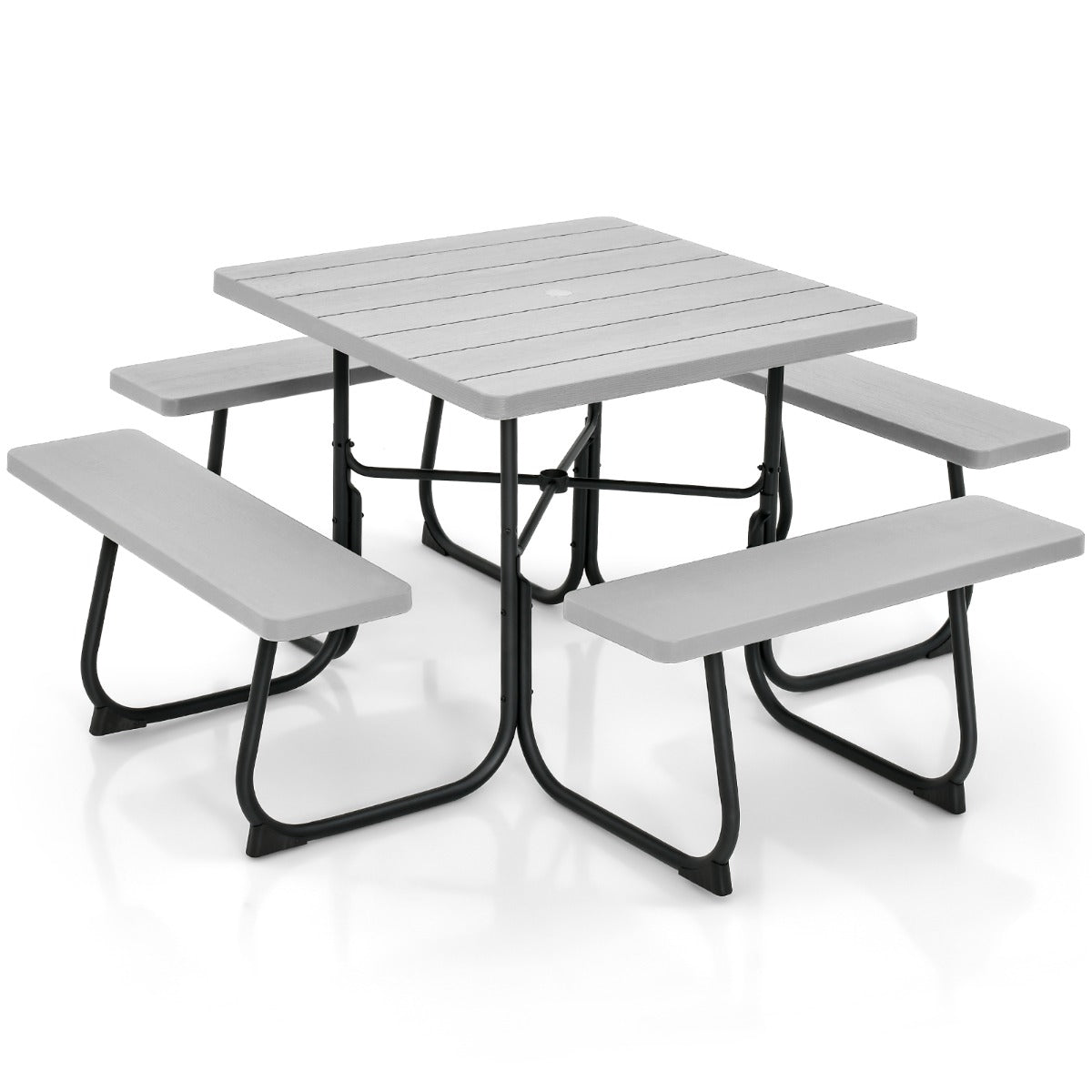 Juego de Muebles para 8 Personas Circular con 4 Bancos Mesa con Orificio para Sombrilla Carga 225 kg para Jardín Patio Césped Gris