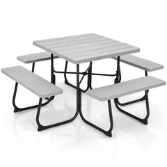 Juego de Muebles para 8 Personas Circular con 4 Bancos Mesa con Orificio para Sombrilla Carga 225 kg para Jardín Patio Césped Gris