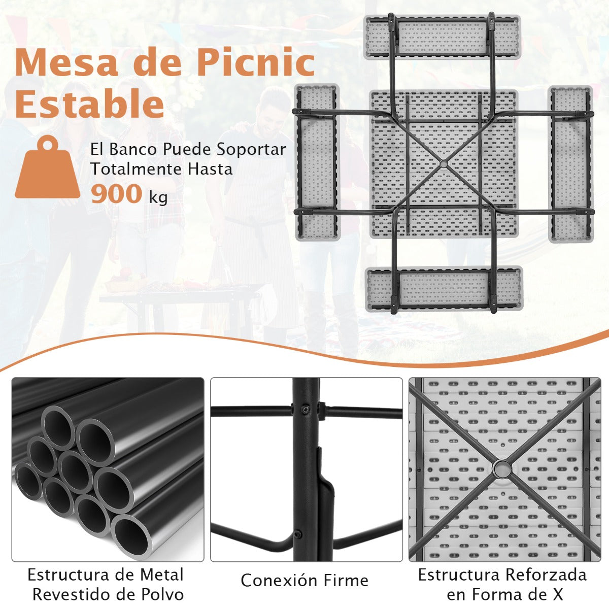 Juego de Muebles para 8 Personas Circular con 4 Bancos Mesa con Orificio para Sombrilla Carga 225 kg para Jardín Patio Césped Gris