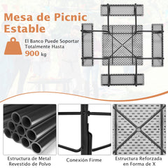 Juego de Muebles para 8 Personas Circular con 4 Bancos Mesa con Orificio para Sombrilla Carga 225 kg para Jardín Patio Césped Gris