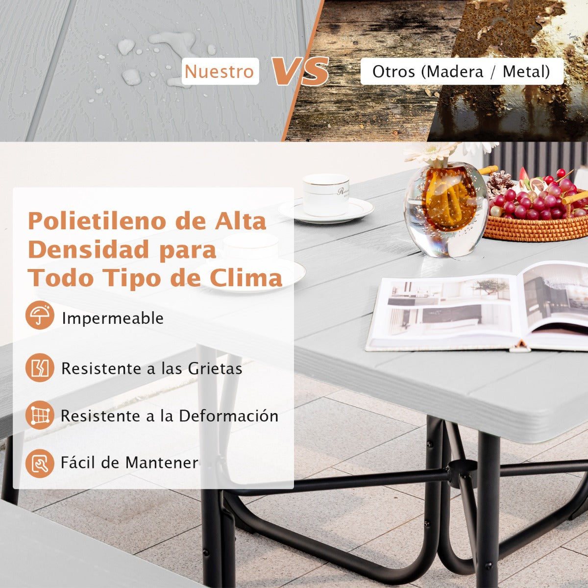 Juego de Muebles para 8 Personas Circular con 4 Bancos Mesa con Orificio para Sombrilla Carga 225 kg para Jardín Patio Césped Gris