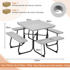 Juego de Muebles para 8 Personas Circular con 4 Bancos Mesa con Orificio para Sombrilla Carga 225 kg para Jardín Patio Césped Gris