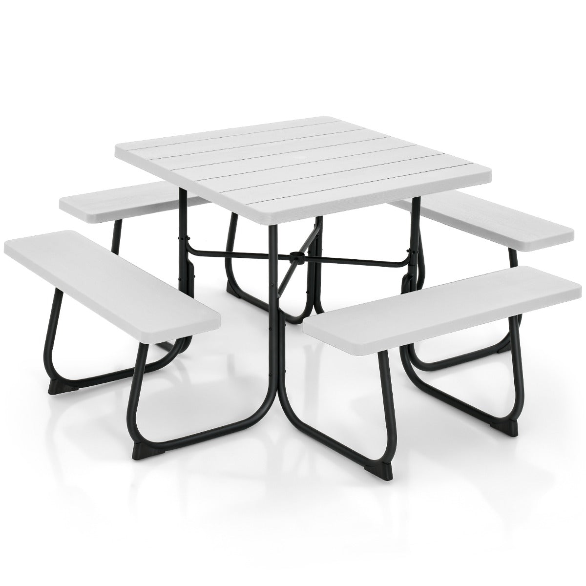 Juego de Muebles para 8 Personas Circular con 4 Bancos Mesa con Orificio para Sombrilla Carga 225 kg para Jardín Patio Césped Blanco