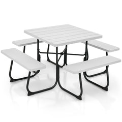 Juego de Muebles para 8 Personas Circular con 4 Bancos Mesa con Orificio para Sombrilla Carga 225 kg para Jardín Patio Césped Blanco