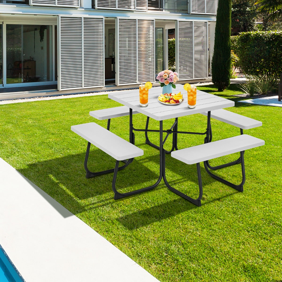 Juego de Muebles para 8 Personas Circular con 4 Bancos Mesa con Orificio para Sombrilla Carga 225 kg para Jardín Patio Césped Blanco