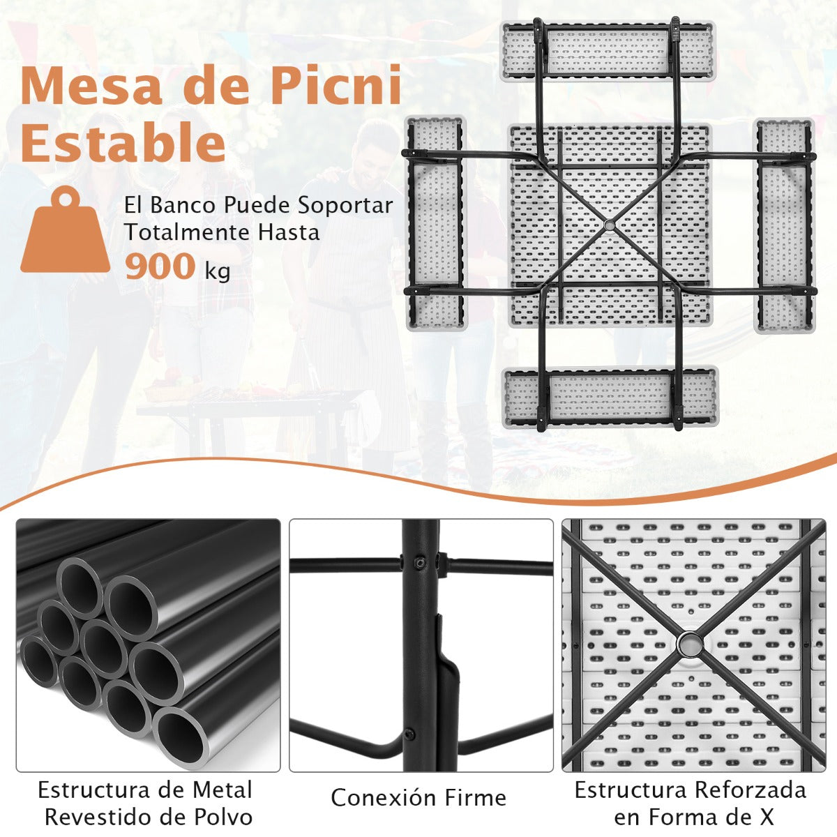 Juego de Muebles para 8 Personas Circular con 4 Bancos Mesa con Orificio para Sombrilla Carga 225 kg para Jardín Patio Césped Blanco